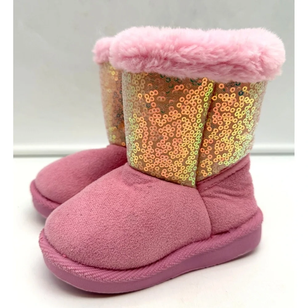 Stepping Stones Pink Sequin Faux Fur Winter Boots Toddler Girls Size 5